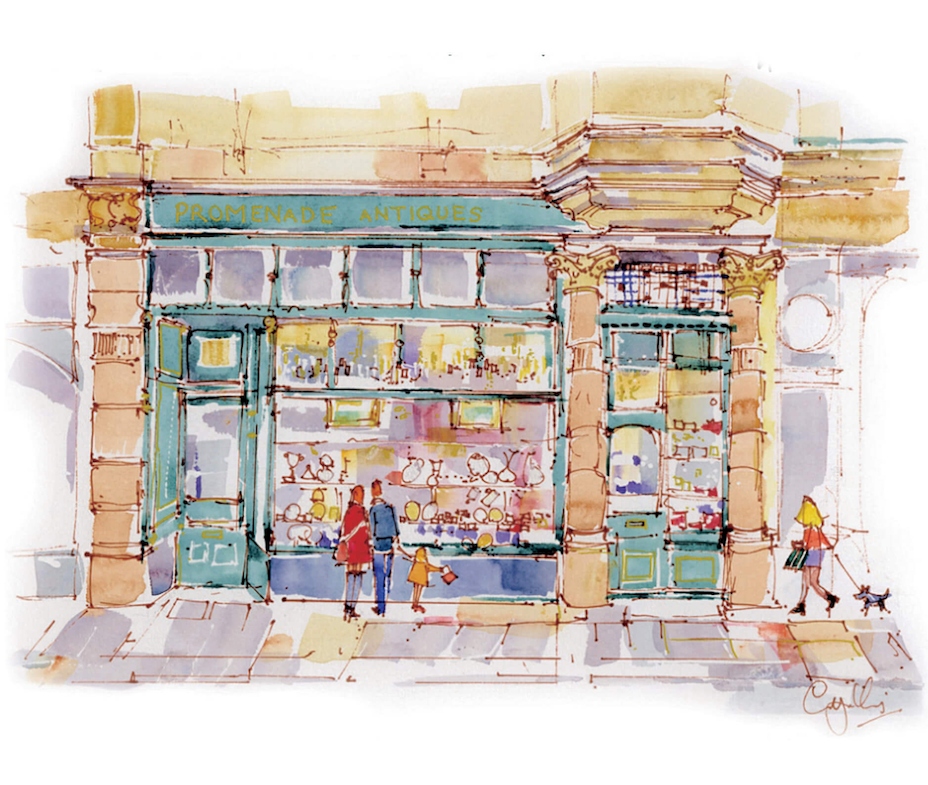 Watercolour painting of the Promenade Jewellers shopfront at 18 The Promenade, Cheltenham. Green-painted facade, Bath-stone columns, gold lettering, two passers-by on the pavement, a woman with a small dog.
