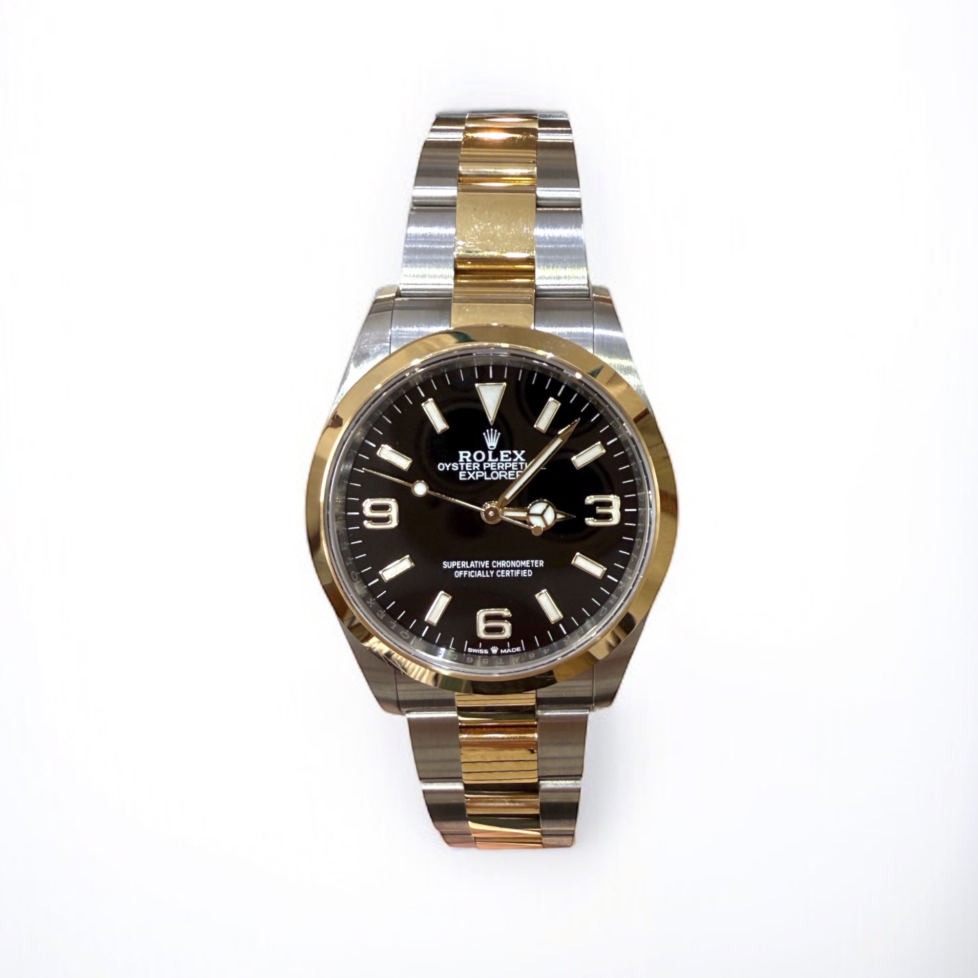 Rolex Explorer two-tone watch on its bracelet, from the Promenade Jewellers watch tray